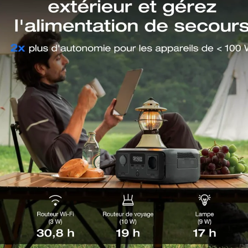 EcoFlow Station électrique portable RIVER 3, 245 Wh de capacité, 600W de puissance de sortie, durée de fonctionnement double avec technologie GaN, pour l'extérieur, camping et RV