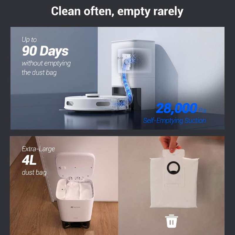 Aspirateur robot EZVIZ RE4 Plus à vidage automatique, 4 000 Pa, station de vidage automatique de 4 L, navigation LiDAR, rehausseur de tapis, auto-chargeant, nettoie 300 ㎡, contrôle par application Wi-Fi, compatible Alexa/Google, adapté aux animaux