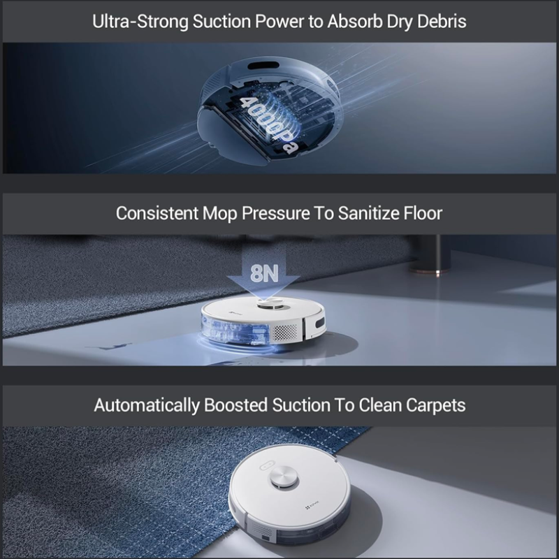 Aspirateur robot EZVIZ RE4 Plus à vidage automatique, 4 000 Pa, station de vidage automatique de 4 L, navigation LiDAR, rehausseur de tapis, auto-chargeant, nettoie 300 ㎡, contrôle par application Wi-Fi, compatible Alexa/Google, adapté aux animaux