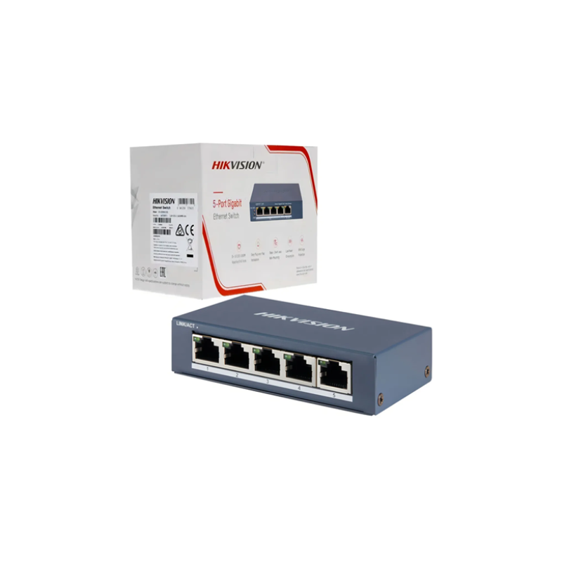 HIKVISION DS-3E0505-O-Commutateur Gigabit 5 ports Accès réseau 1000M > Commutation à vitesse câblée et conception sans blocage > Commutation de stockage et de transfert > Coque métallique solide et robuste
