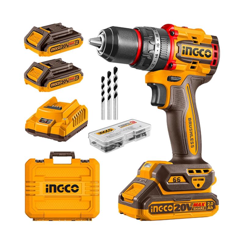 INGCO CDLI20668 - Perceuse Visseuse Sans Fil 20V Brushless - Couple Puissant 66Nm - Mandrin Métal 13mm - Pack 2 Batteries 2Ah + Chargeur + Accessoires + Coffret Pro