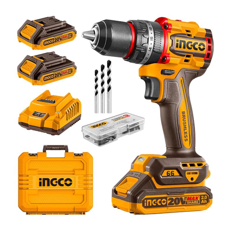 INGCO CIDLI20668 - Perceuse à Percussion Sans Fil 20V Brushless - Couple 66Nm - Mandrin Métal 13mm - Cadence 30000 cps/min - Pack 2 Batteries 2Ah + Chargeur + Coffret Pro