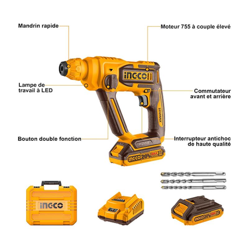 INGCO CRHLI201681 - Marteau Perforateur Sans Fil 20V Brushless SDS-Plus - Force 1.5J - Béton 16mm - Cadence 5100 cps/min - Batterie 2Ah + Chargeur + 3 Forets Pro