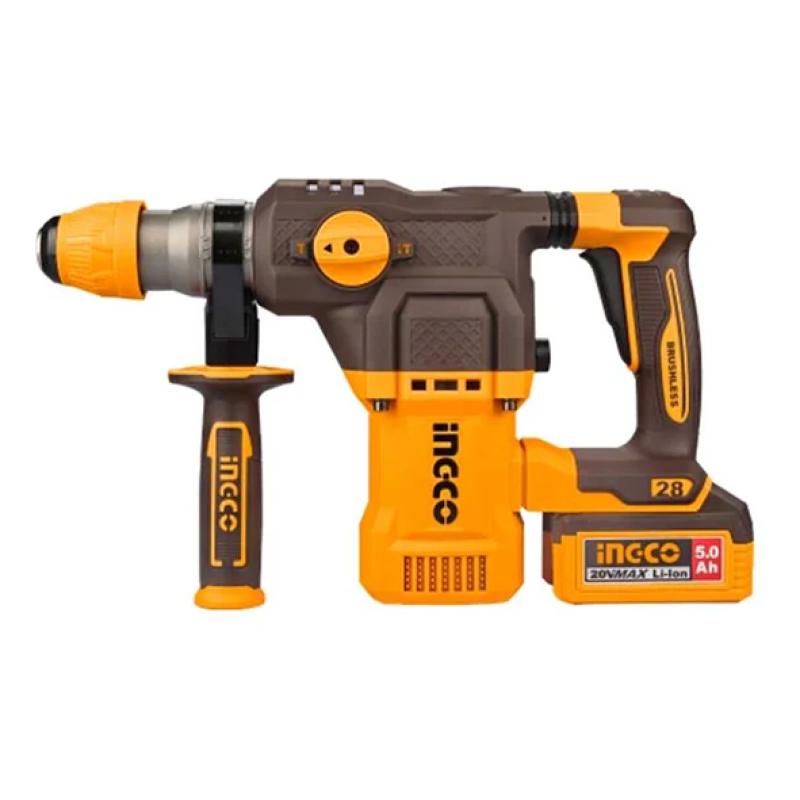 INGCO CRHLI202862 - Marteau Perforateur Burineur Sans Fil 20V Brushless SDS-Plus - Force 2.5J - Béton 28mm - Pack 2 Batteries 5Ah + Chargeur + 3 Forets + 2 Burins + Coffret Pro