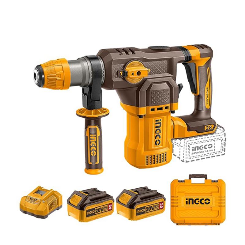 INGCO CRHLI202862 - Marteau Perforateur Burineur Sans Fil 20V Brushless SDS-Plus - Force 2.5J - Béton 28mm - Pack 2 Batteries 5Ah + Chargeur + 3 Forets + 2 Burins + Coffret Pro