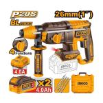 INGCO CRHLI262085 - Marteau Perforateur Burineur Sans Fil 20V Brushless SDS-Plus - Force 2.0J - Béton 26mm - Pack 2 Batteries 4Ah + Chargeur + Forets + Burin + Coffret Pro