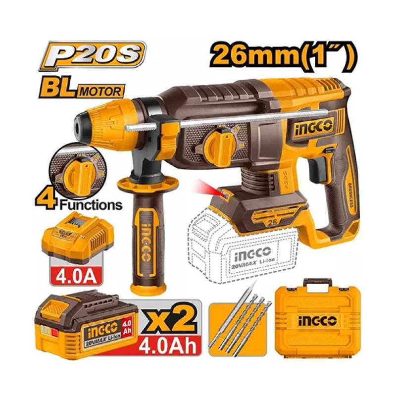 INGCO CRHLI262085 - Marteau Perforateur Burineur Sans Fil 20V Brushless SDS-Plus - Force 2.0J - Béton 26mm - Pack 2 Batteries 4Ah + Chargeur + Forets + Burin + Coffret Pro