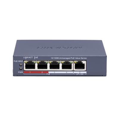 Hikvision DS-3E0105P-E/M(C) - Switch PoE 5 Ports Fast Ethernet (4 Ports PoE 35W + 1 Uplink RJ45) - Transmission Longue Portée 250m - Port Prioritaire VIP - Protection 6kV Boîtier Métal - Vidéosurveillance Pro