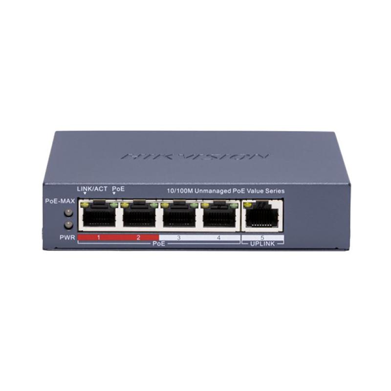 Hikvision DS-3E0105P-E/M(C) - Switch PoE 5 Ports Fast Ethernet (4 Ports PoE 35W + 1 Uplink RJ45) - Transmission Longue Portée 250m - Port Prioritaire VIP - Protection 6kV Boîtier Métal - Vidéosurveillance Pro
