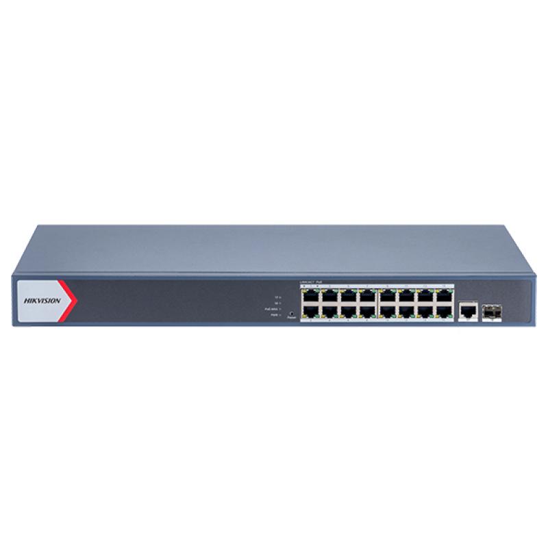 Hikvision DS-3E1518P-EI/M - Switch PoE Gigabit Smart Managed 18 Ports (16 Ports PoE 130W + 1 Uplink RJ45 + 1 SFP Fibre) - Admin Cloud & Watchdog PoE - Transmission Longue Portée 300m - Protection 6kV - Réseau Vidéosurveillance Pro