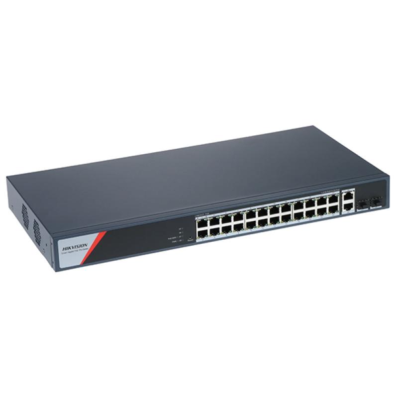 Hikvision DS-3E1528HP-SI-24P2T2F - Switch Gigabit Hi-PoE Smart Managed 28 Ports (24 Ports PoE/Hi-PoE 370W + 2 RJ45 + 2 SFP) - Topologie Cloud - PoE Watchdog 90W & Extend 250m - Protection 6kV - Vidéosurveillance Pro
