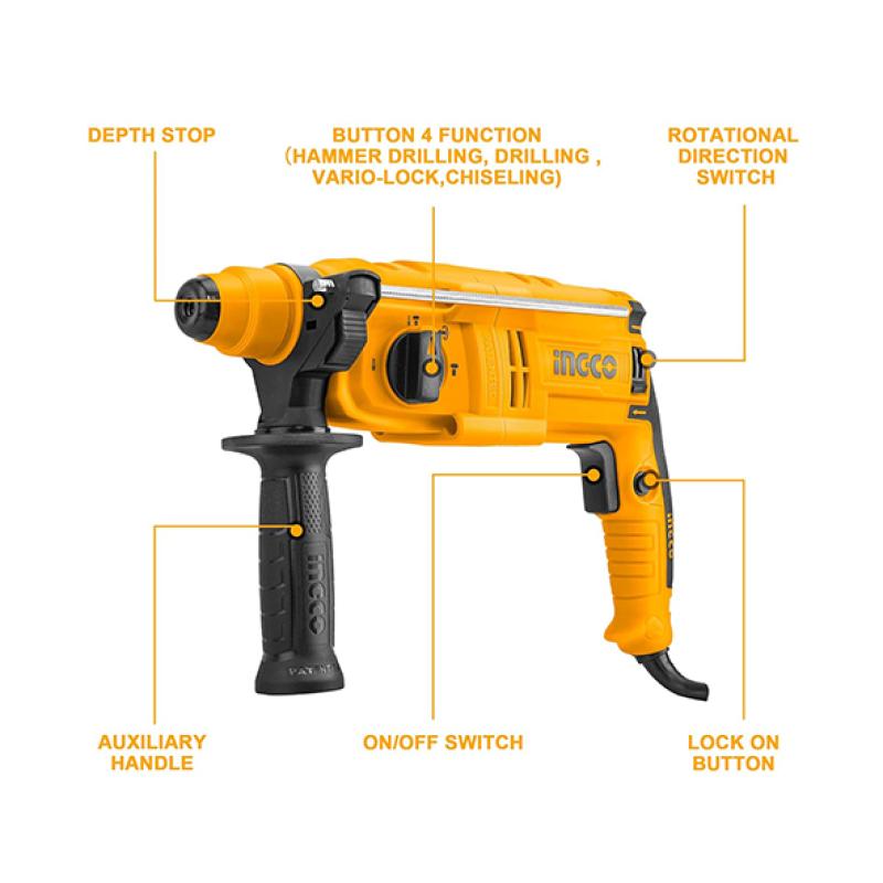 INGCO RGH6528 - Marteau Perforateur Filaire 650W SDS-Plus - Force 1.7J - Béton 22mm - Cadence 5500 cps/min - Pack 3 Forets + Butée + Coffret de Transport Pro