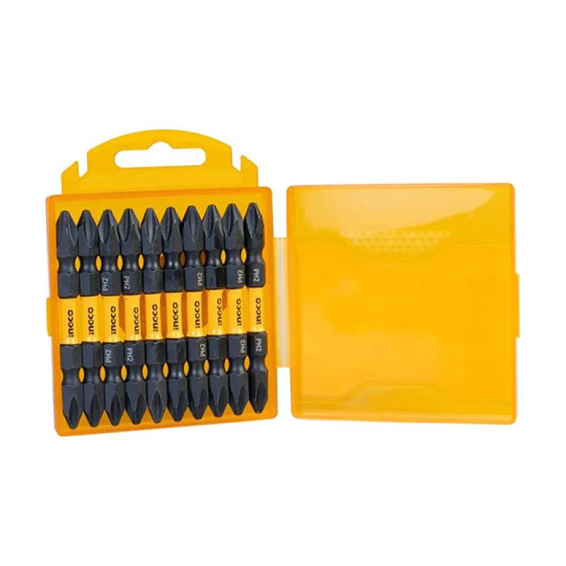 INGCO SDBIM21PH233 - Coffret 10 Embouts de Vissage Double PH2 - Longueur 65mm - Acier S2 Magnétique - Queue Hexagonale 1/4" - Vissage Intensif Pro