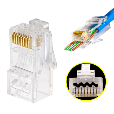 Réseau Connecteur RJ45 CAT6 Passe trou - facile à sertir - Ethernet Plaqué Or Fiche Réseau pour CAT6 Option de câble, lot de 100 pièces