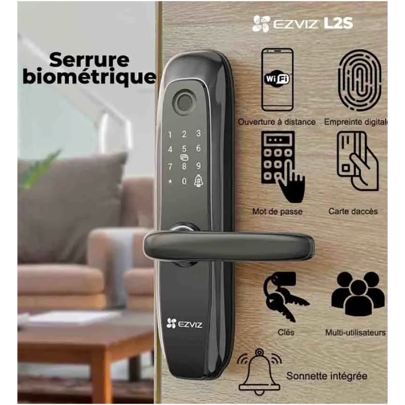 EZVIZ L2S - Serrure biométrique -Serrure porte Avec Empreinte Digitale, Mot de Passe, Clé Mécanique - Wi-Fi - Livré avec module de sonnette