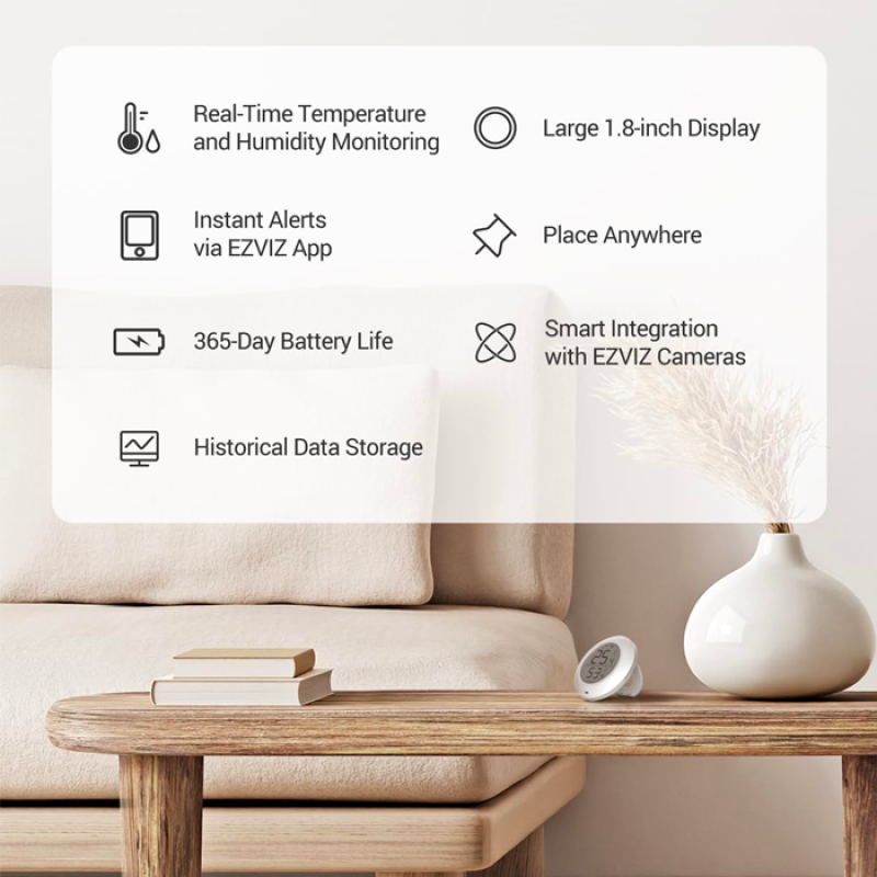 EZVIZ T51C Thermomètre Interieur Maison, Thermometre Hygrometre Numérique, Thermomètre Digital, Moniteur de Température et Humidimètre, Utilisez avec Le Centrale A3