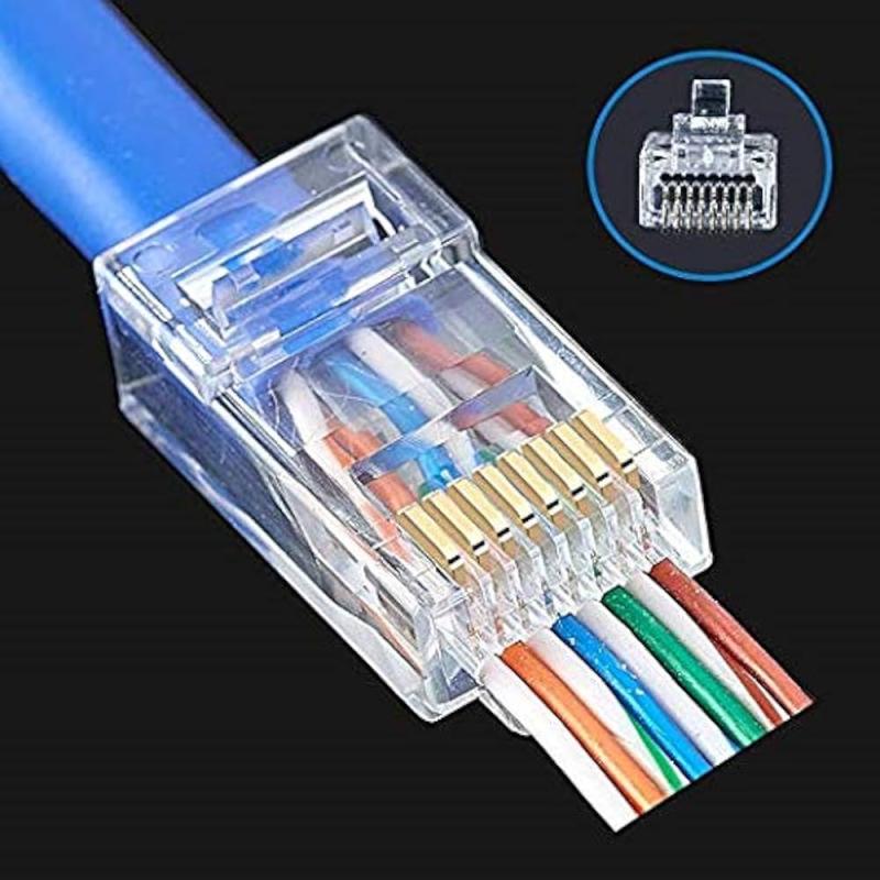 Connecteur RJ45 CAT6 Passe trou - facile à sertir - Ethernet Plaqué Or Fiche Réseau pour CAT6 Option de câble, lot de 100 pièces