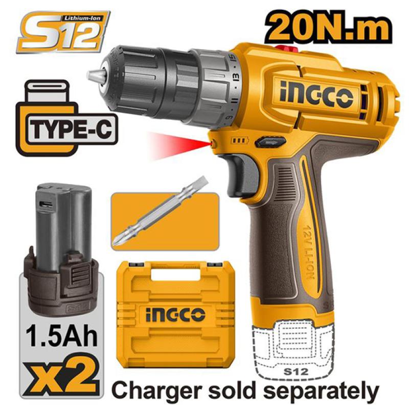 CDLI12206 – Perceuse-visseuse sans fil INGCO 12V, 20 Nm, 2 batteries