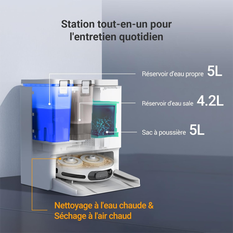 EZVIZ RS20 Pro Robot Aspirateur avec Serpillière Installation & Détachement Automatique, Brosse Latérale Surélevée, 7200 Pa, Nettoyage à l'eau Chaude 60°C, Séchage à l'Air Chaud, Balayage des Bords