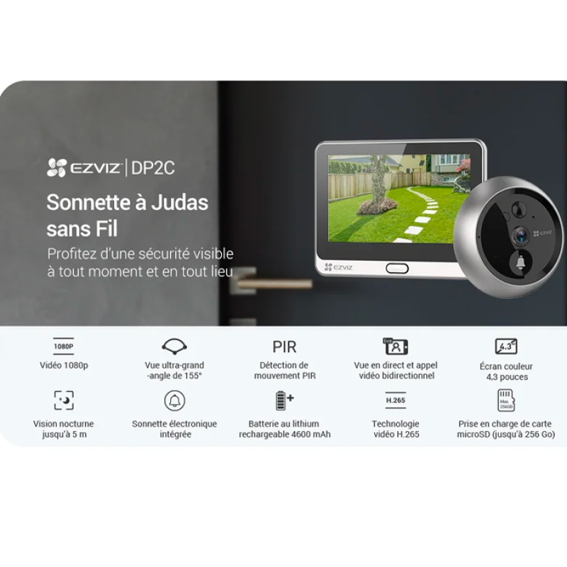 EZVIZ DP2C 1080P Judas Numérique, Visiophone Connecté Interphone Vidéo, Caméra avec 4.3 Pouces Moniteur sur Batterie 4600mAh, PIR Motion Detection, Audio Bidirectionnel, 5m Vision Nocturne