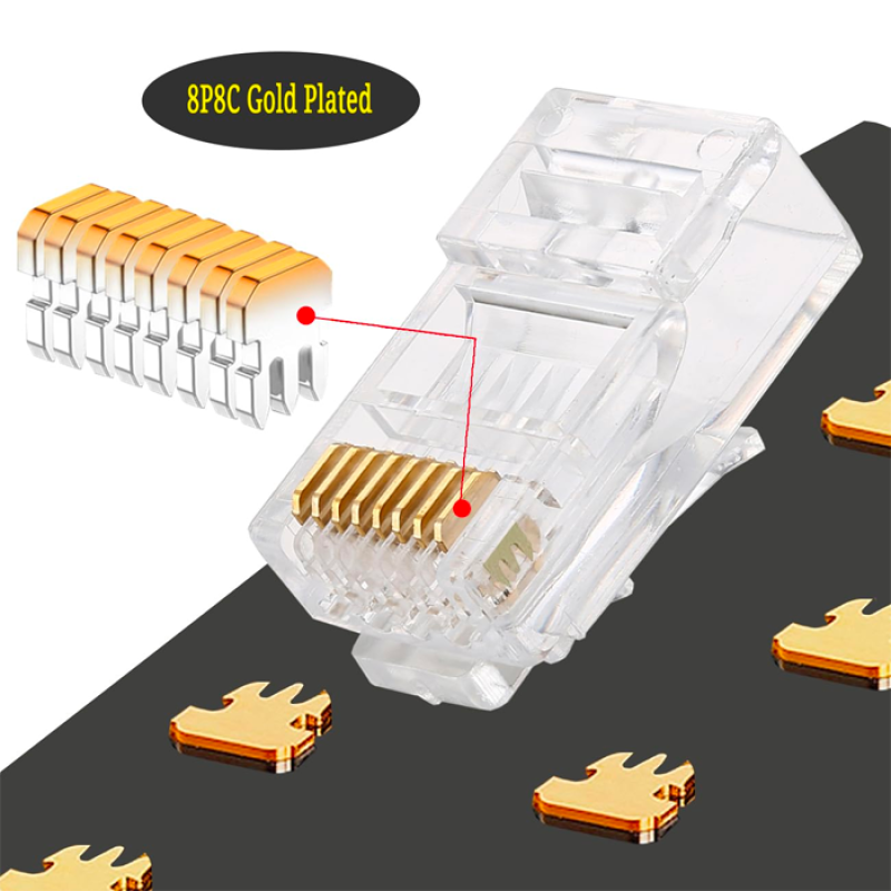 Réseau Connecteur RJ45 CAT6 Passe trou - facile à sertir - Ethernet Plaqué Or Fiche Réseau pour CAT6 Option de câble, lot de 100 pièces