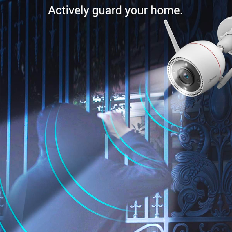 EZVIZ Outpro 2K Caméra de Surveillance Extérieure 2.4G WiFi avec Vision Nocturne en Couleur, Alarme Sirène et Flash, étanche IP67, Détection de Personne, Audio Bidirectionnel, H.265, Compatible Alexa