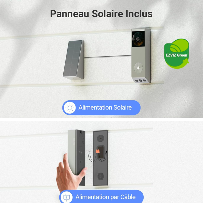 EZVIZ EP3x Pro Sonnette sans fil avec caméra de panneau solaire, 2K vidéo Doorbell avec double objectif, détection de personnes/paquet, vision nocturne en couleur, changeur de voix, 32 Go eMMC intégré