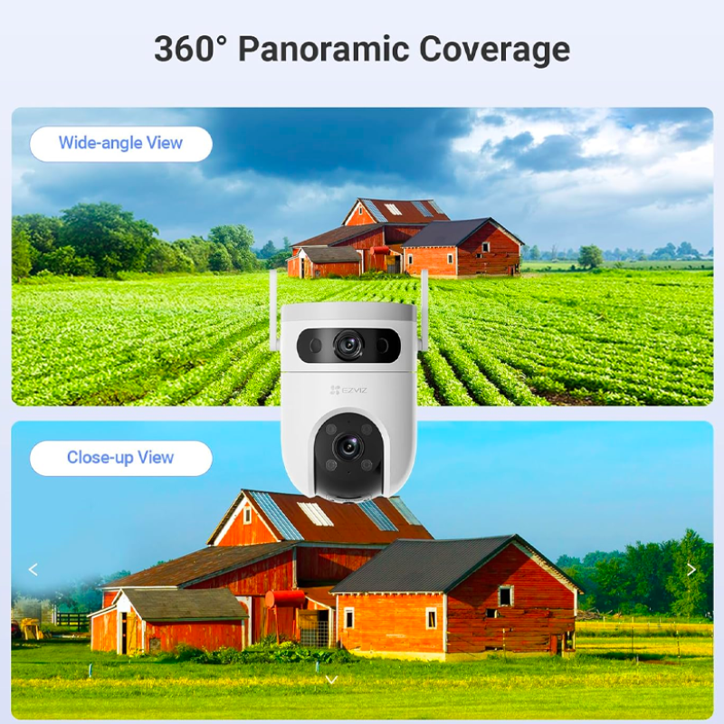 EZVIZ H9C (5 MP + 5 MP) Caméra Wi-Fi panoramique et inclinable à double objectif, Conversation bidirectionnelle | Détection humaine/véhicule alimentée par l'IA, Défense active avec sirène et lumière stroboscopique.